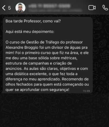 Depoimento de aluno via WhatsApp